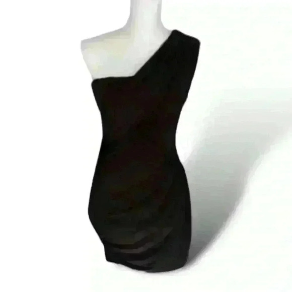 One Shoulder Ruched Black Fitted Mini Dress Size Medium​​ - Picture 1 of 5